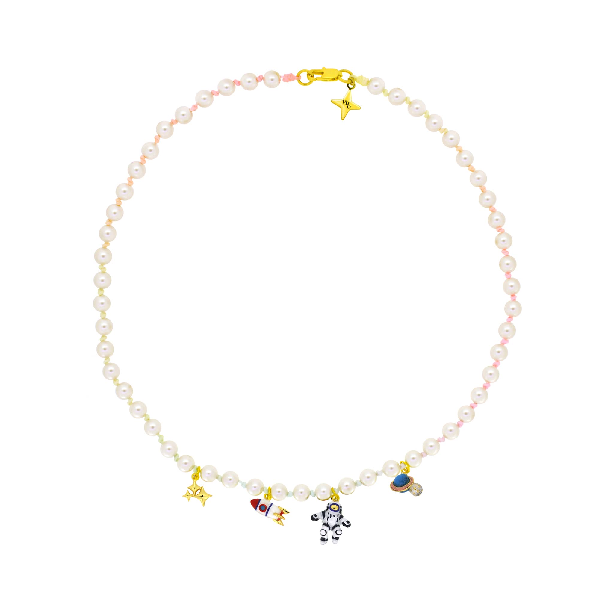 Whimsical pearl choker featuring a stars, rocket, astronaut, and Saturn charms, with pastel nylon rope.