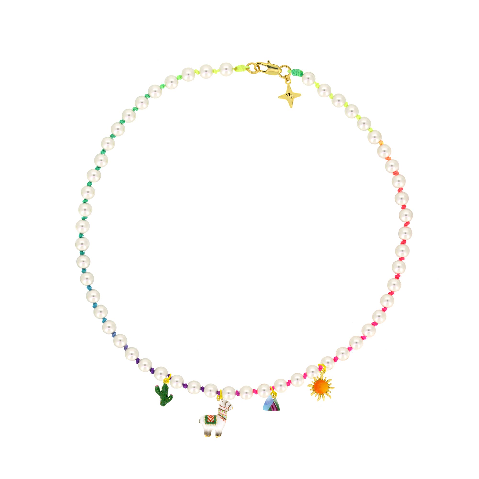 Pearl choker featuring alpaca, cactus, sun, and mountain charms, with rainbow nylon rope, perfect for summer fashion.