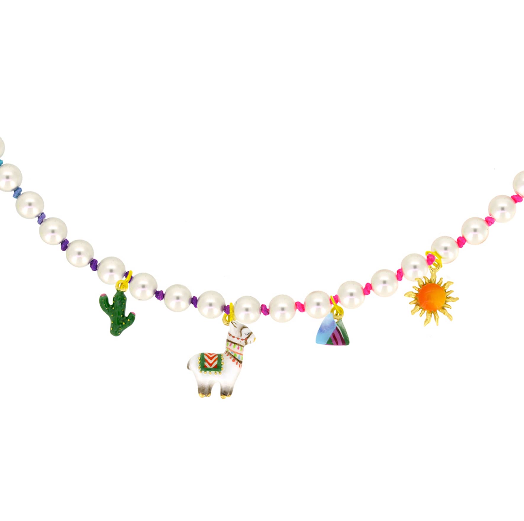 Pearl choker featuring alpaca, cactus, sun, and mountain charms, with rainbow nylon rope, perfect for summer fashion.