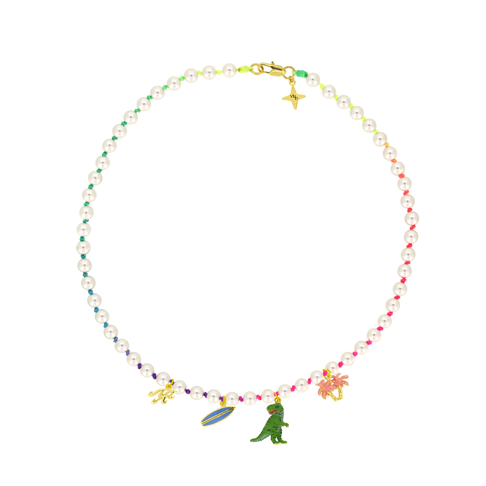 Playful pearl choker featuring wave patterns, surfboard, T-Rex, and palm trees charms, with rainbow nylon rope.