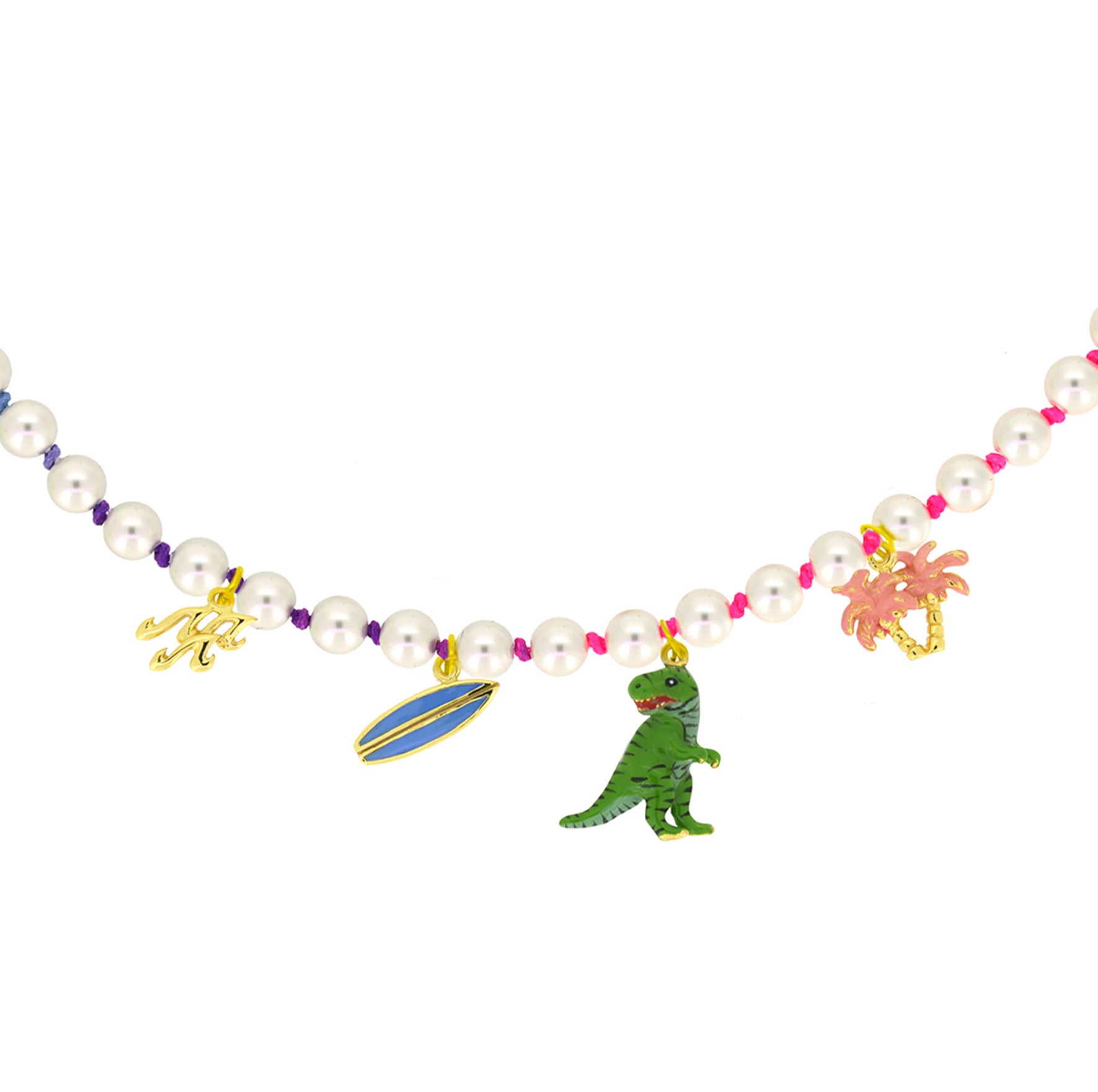 Beautiful pearl choker featuring wave patterns, surfboard, T-Rex, and palm trees charms, with rainbow nylon rope.