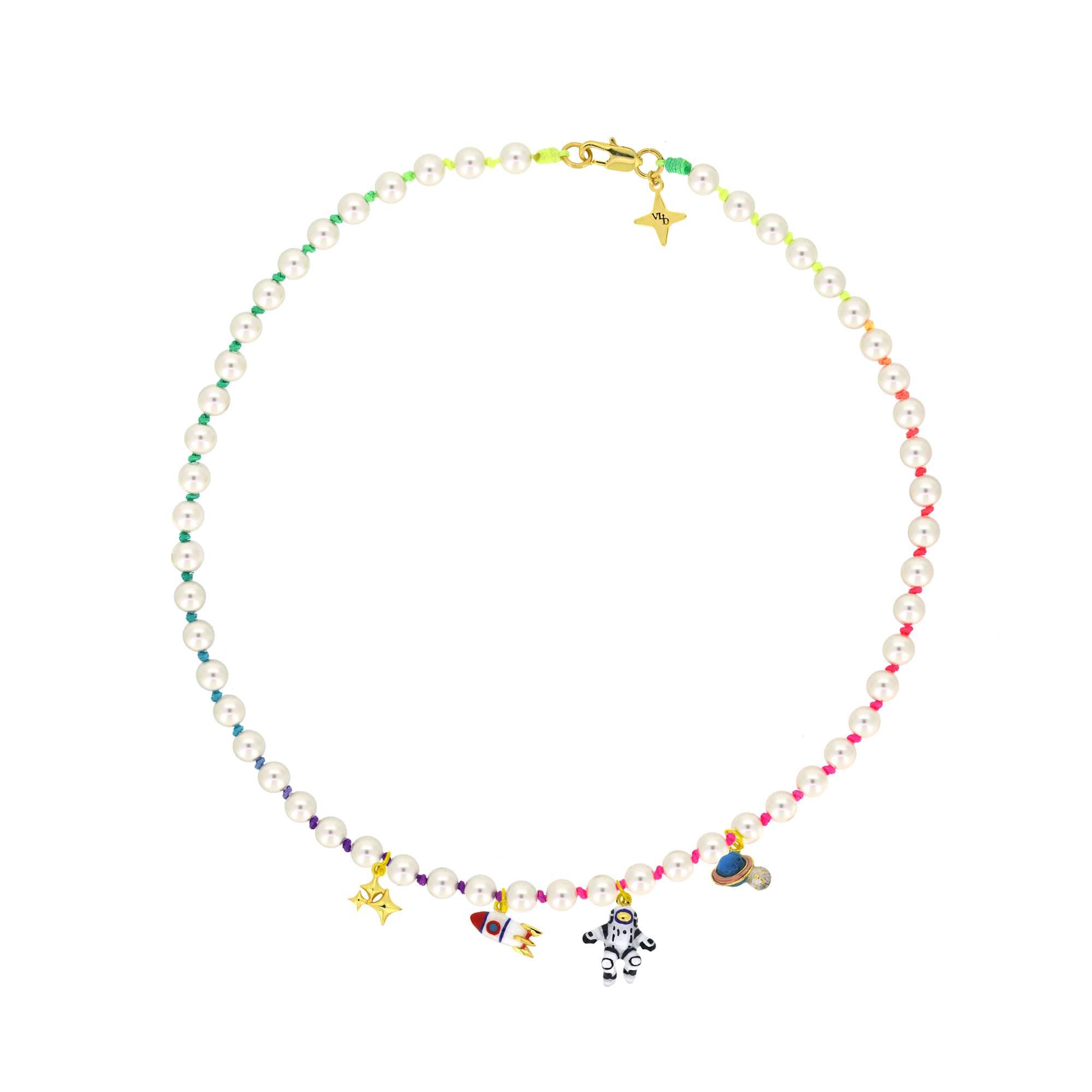 Whimsical pearl choker featuring a stars, rocket, astronaut, and Saturn charms, with rainbow nylon rope.