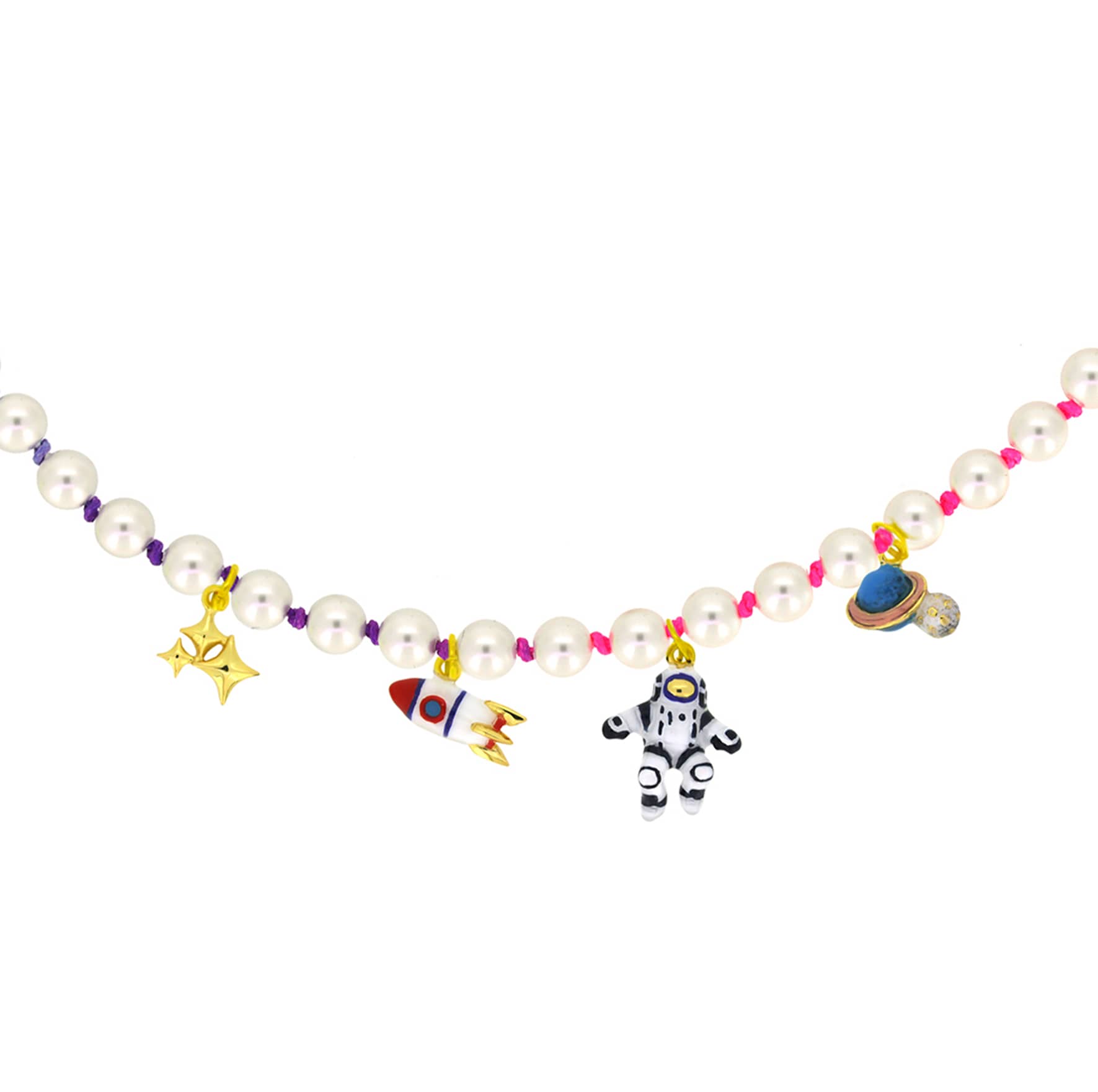 Whimsical pearl choker featuring a stars, rocket, astronaut, and Saturn charms, with rainbow nylon rope.