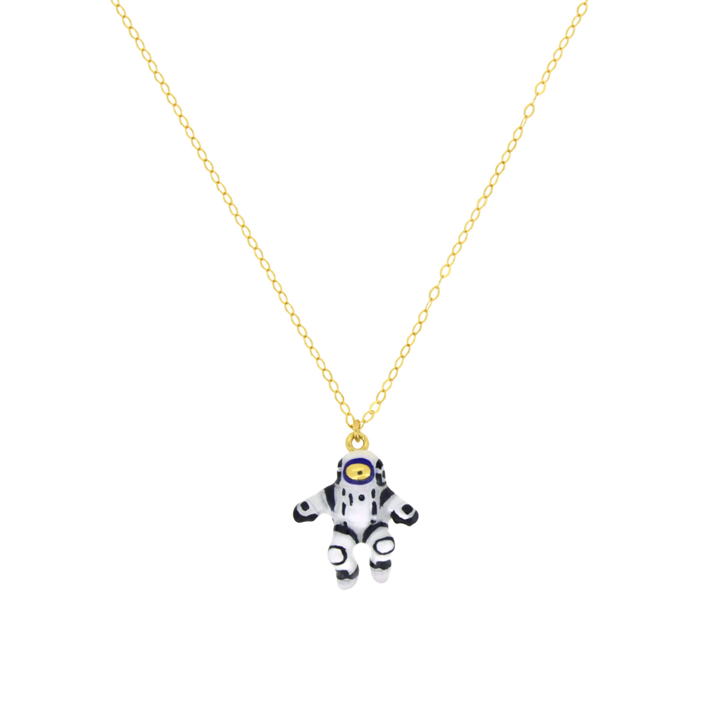 Adorable astronaut charm necklace with a gold chain.