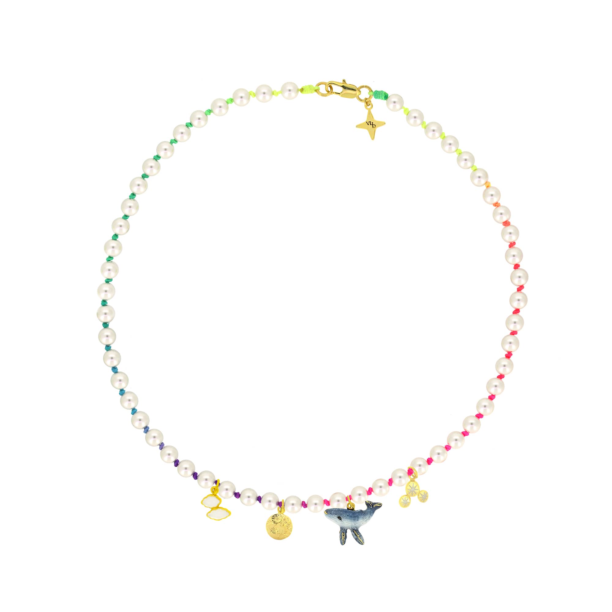 A vibrant pearl choker showcasing a whale, a moon, clouds, and stars charms with colorful nylon rope.