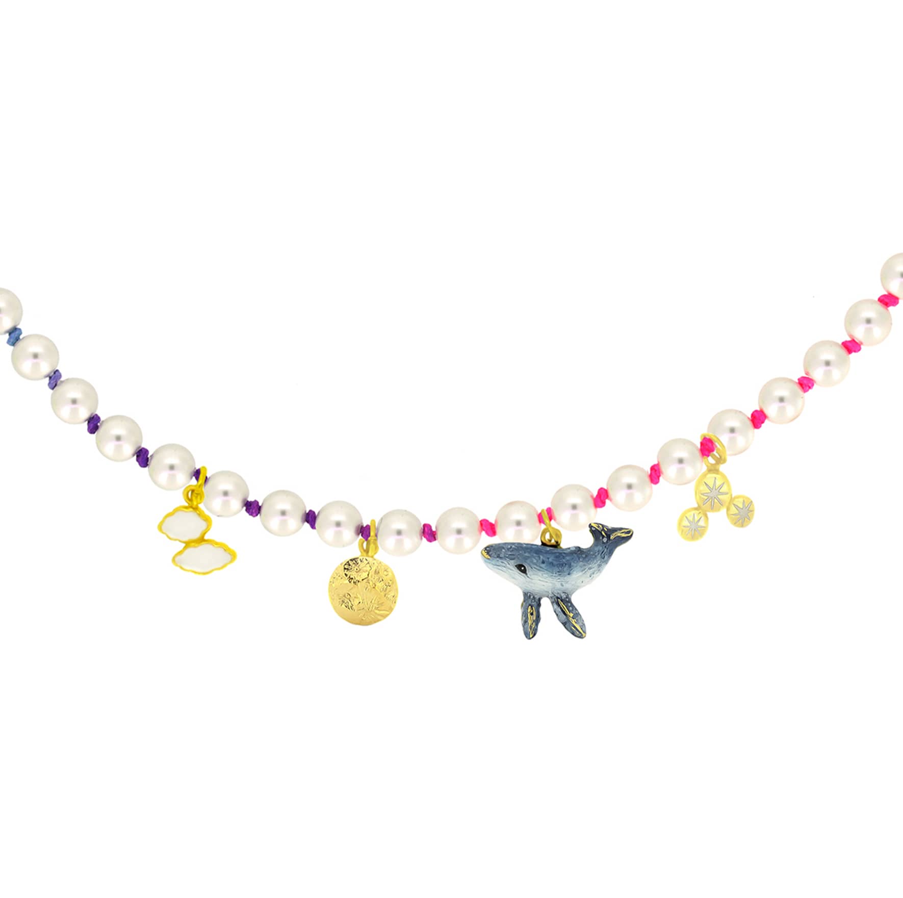 A vibrant pearl choker showcasing a whale, a moon, clouds, and stars charms with colorful nylon rope.