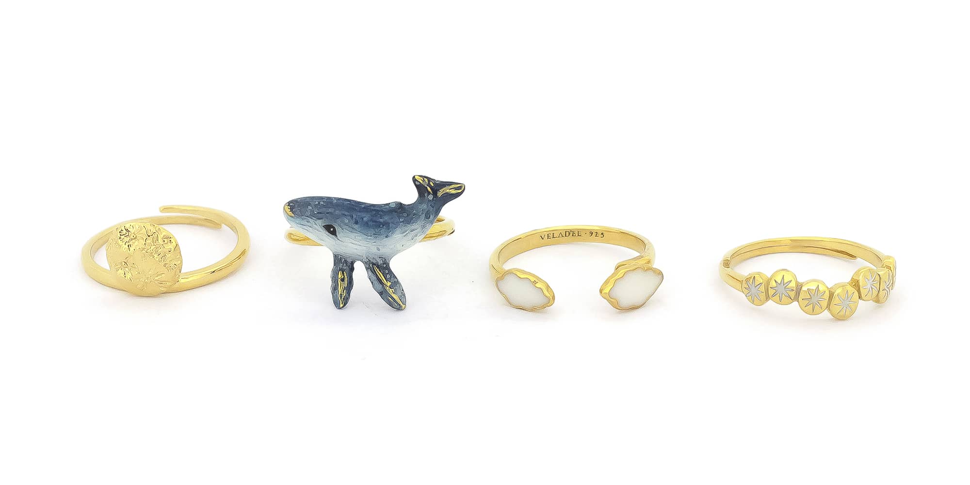 Dreamy stacking ring collection featuring whale, moon, clouds, and stars.