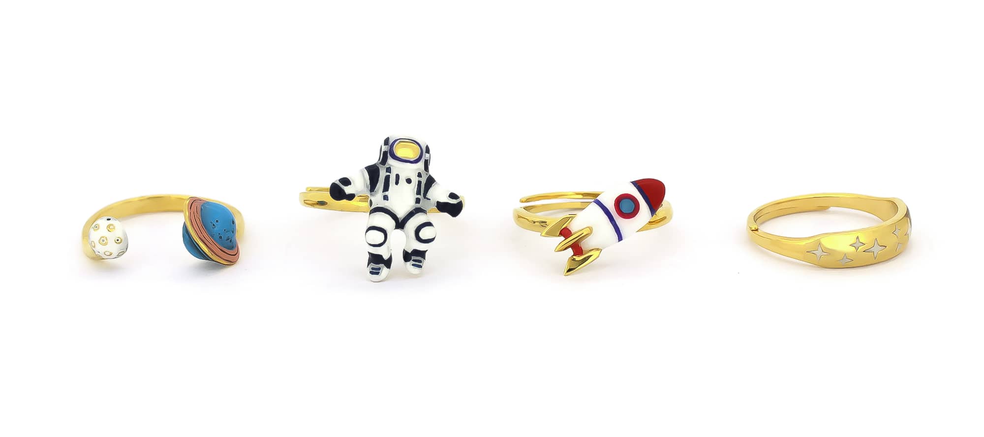 Four space-themed rings featuring planets, an astronaut, a rocket, and a star design.