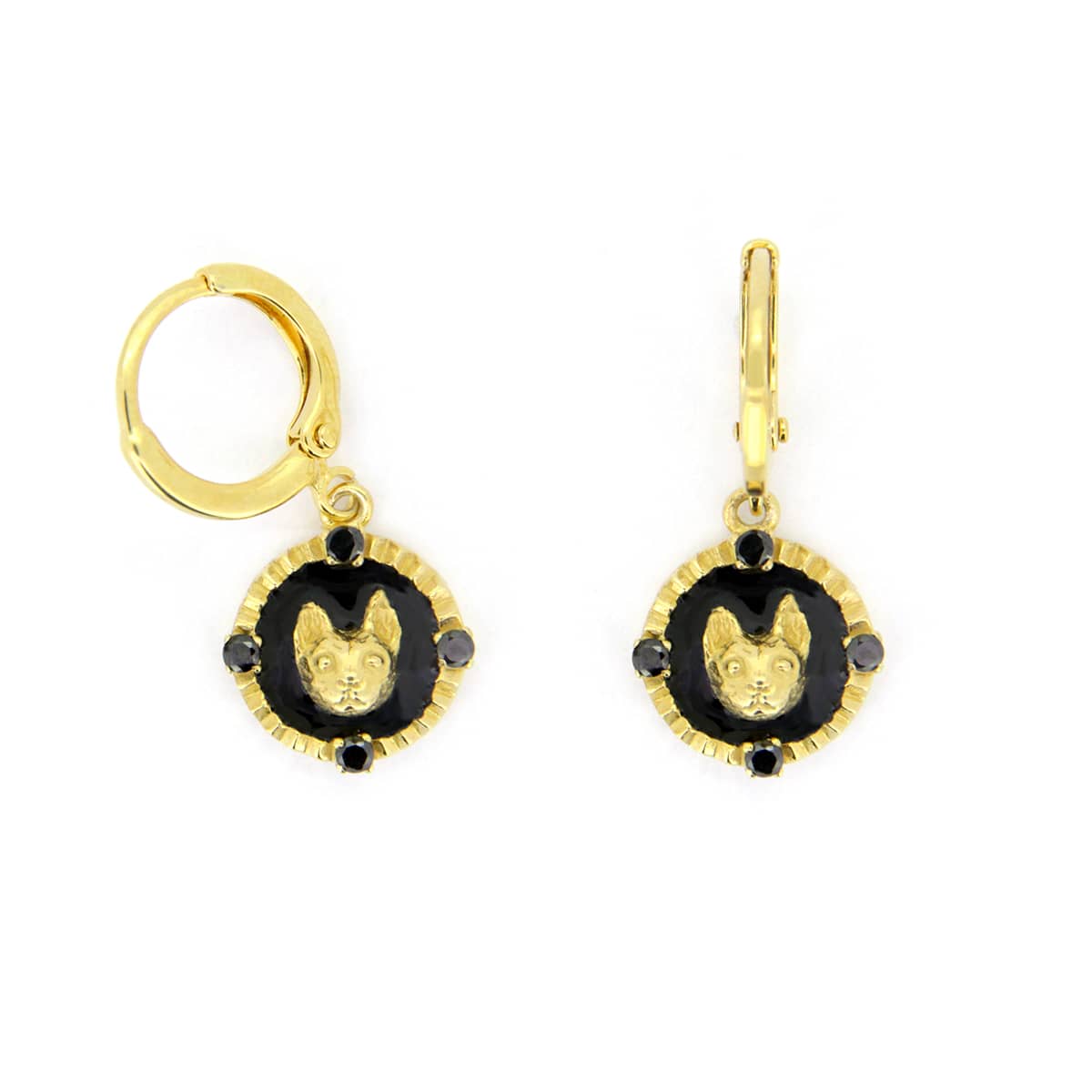 Gold earrings featuring a cat face motif surrounded by a black circular design.