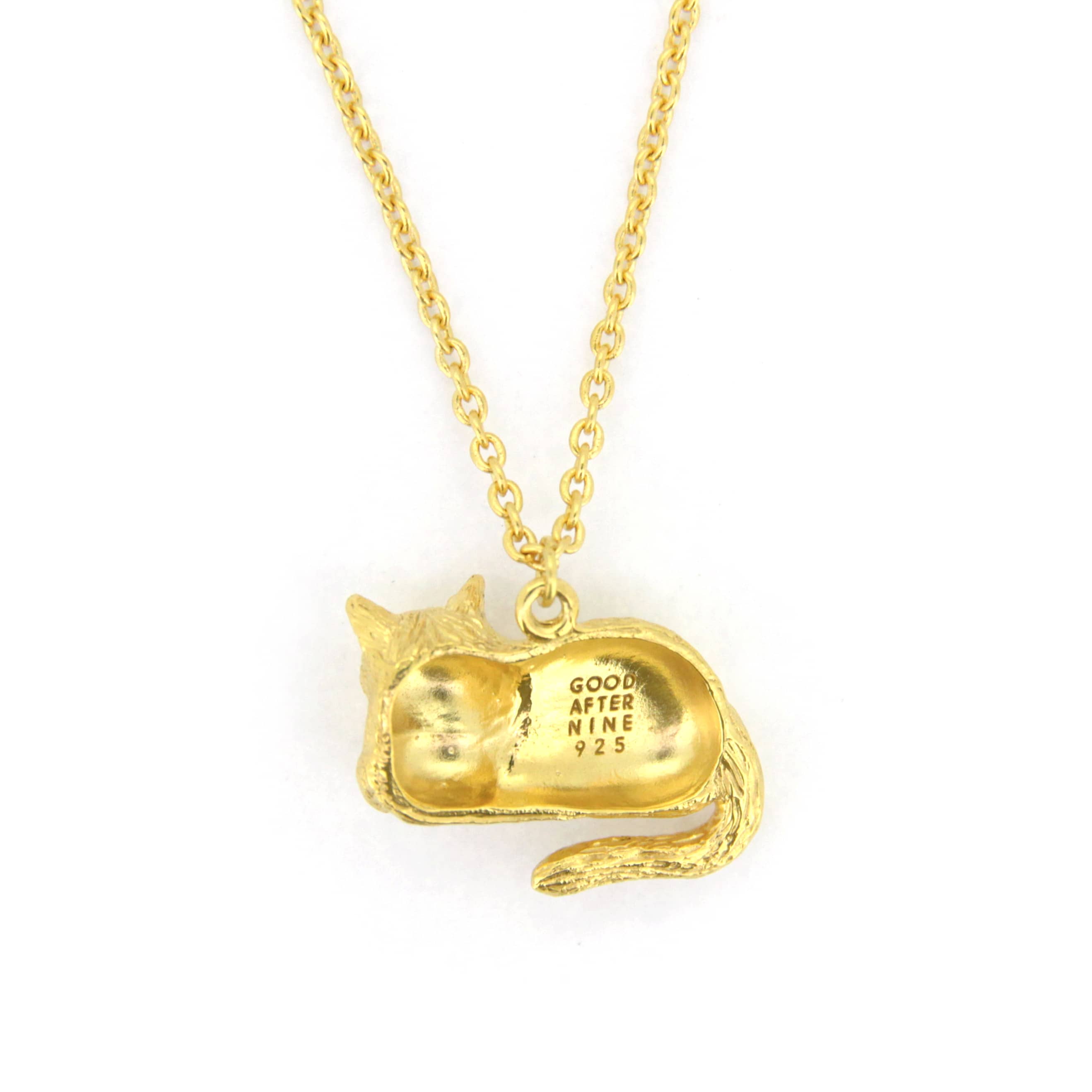 Gold pendant necklace featuring a sleeping cat design, perfect for animal lovers.