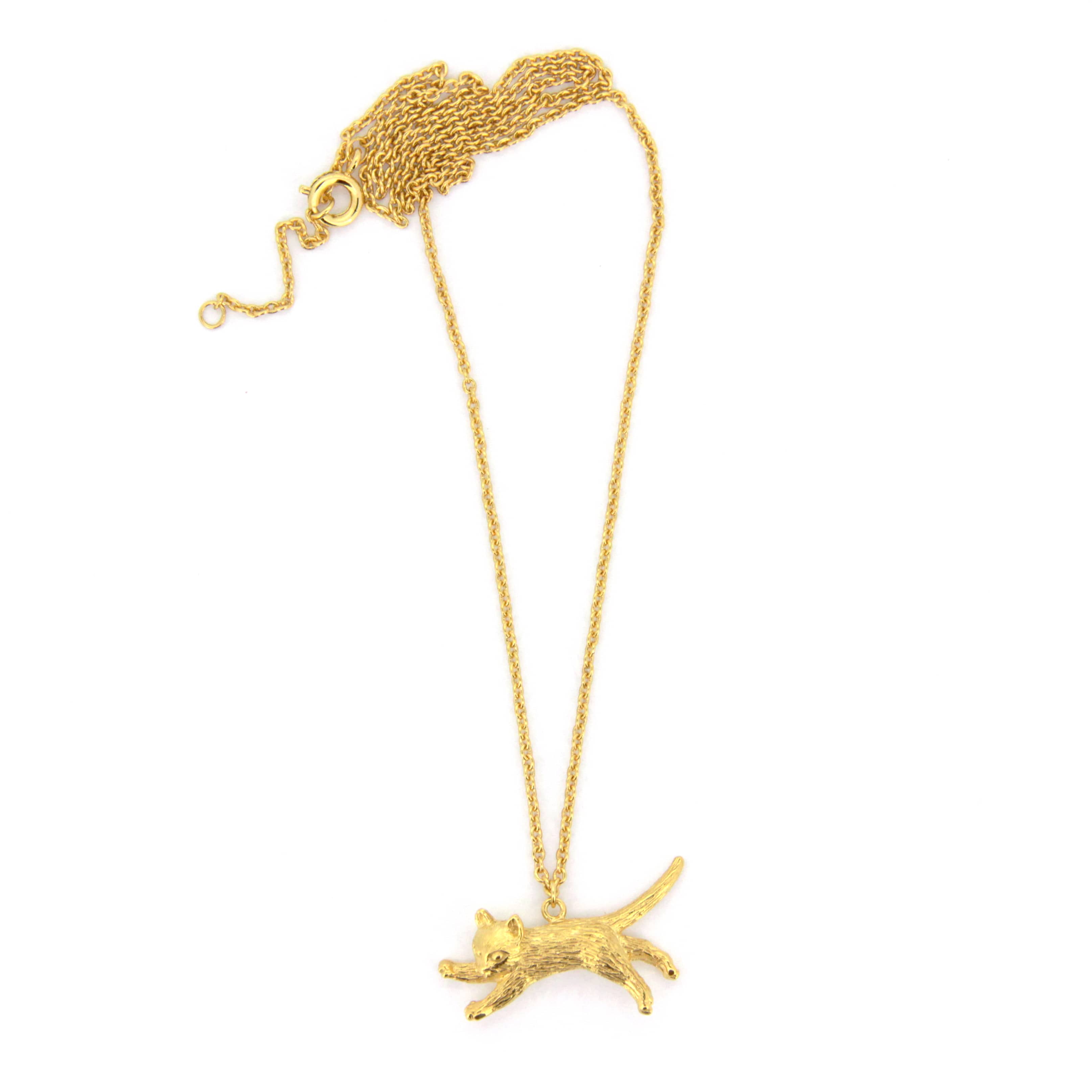 Adorable gold pendant necklace featuring a jumping cat design.