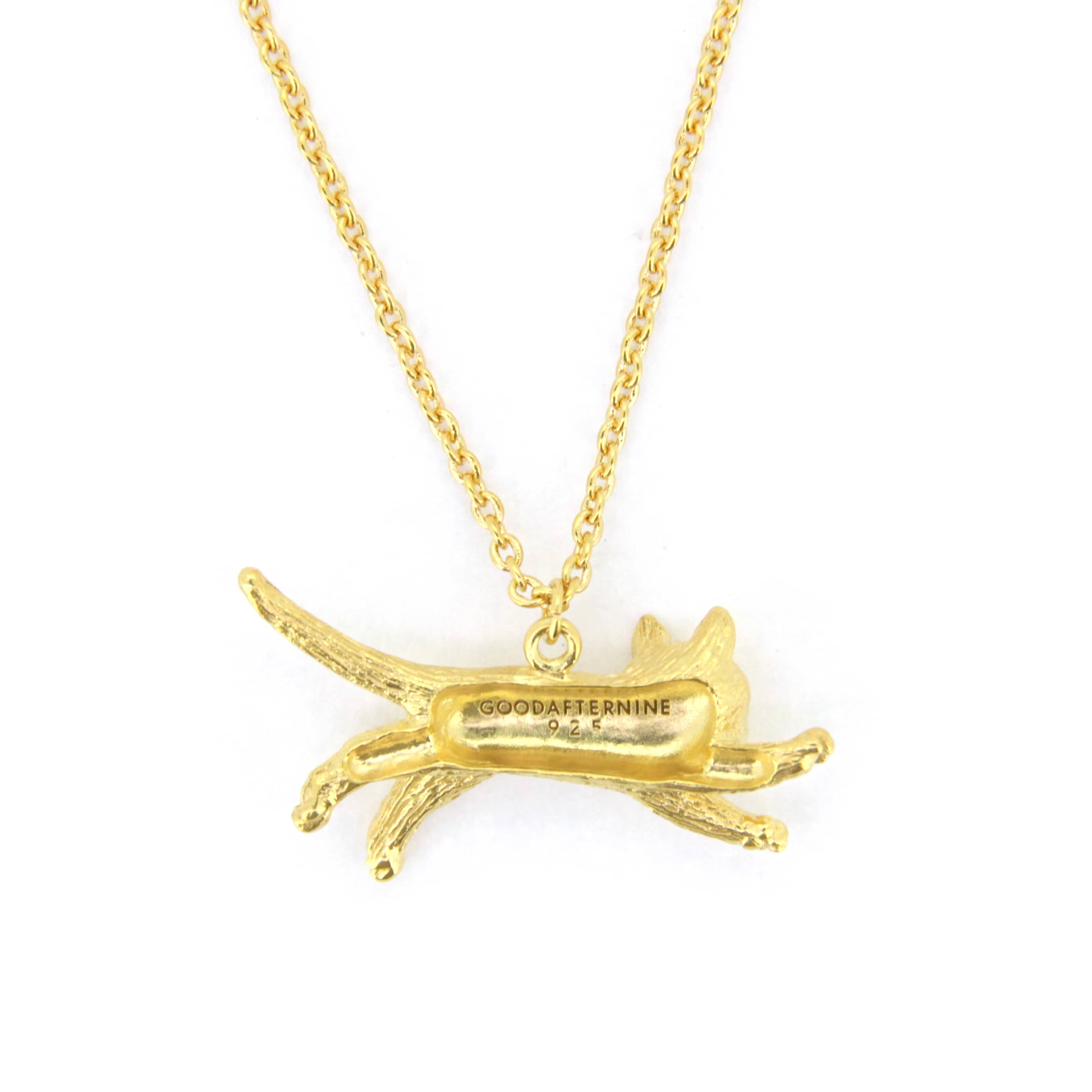 Adorable gold pendant necklace featuring a jumping cat design, perfect for animal lovers.