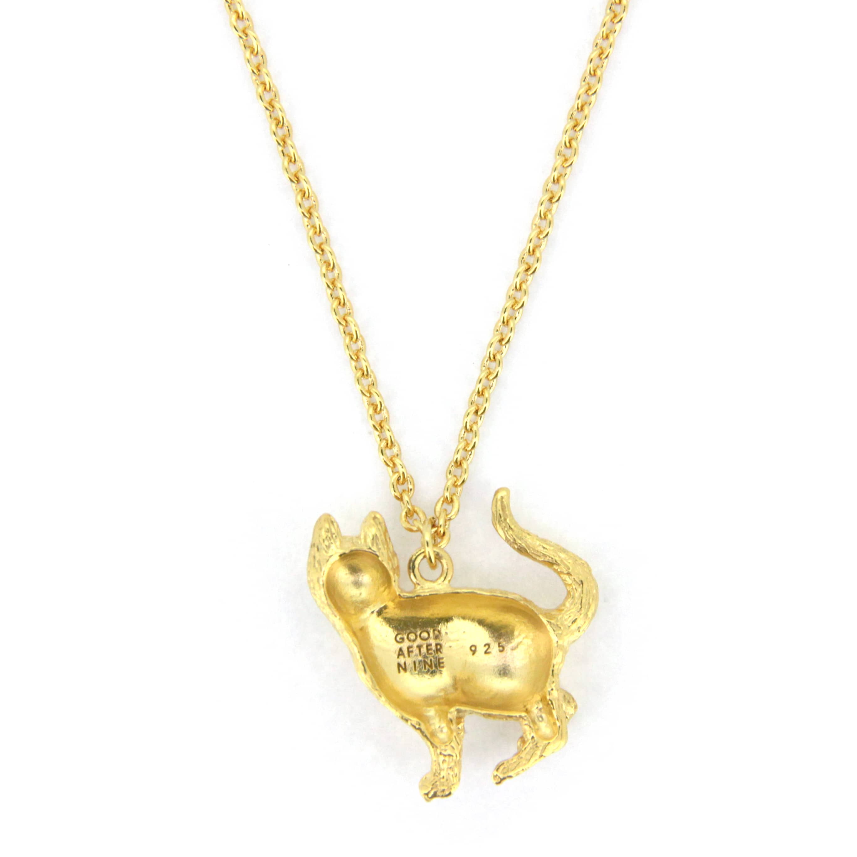 A whimsical gold pendant necklace featuring a standing up cat design, highlighting the fur's details and facial features.