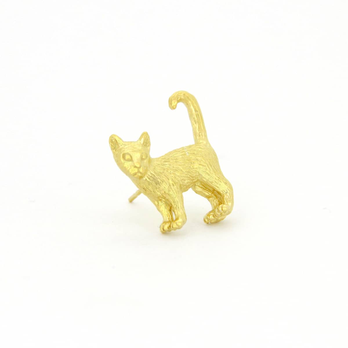 A whimsical gold one-side earring featuring standing cat design with detailed fur texture, perfect for animal lovers.