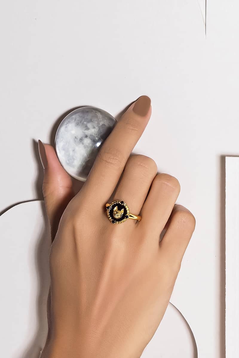 A hand adorned with a gold ring featuring a cat's face, holding a moonlike-shaped stone.