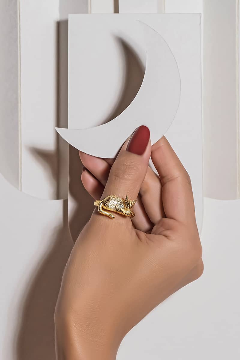 A hand adorned with a gold ring featuring sleeping cat design while holding a moon-like shape paper.