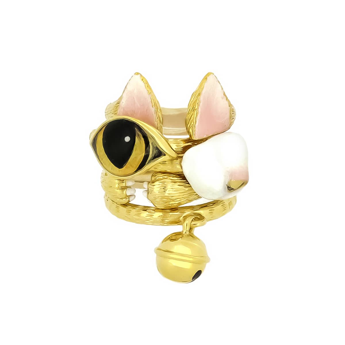 Beautifully designed gold stacking ring with cat features, including ears, eyes, nose, paws and a bell.