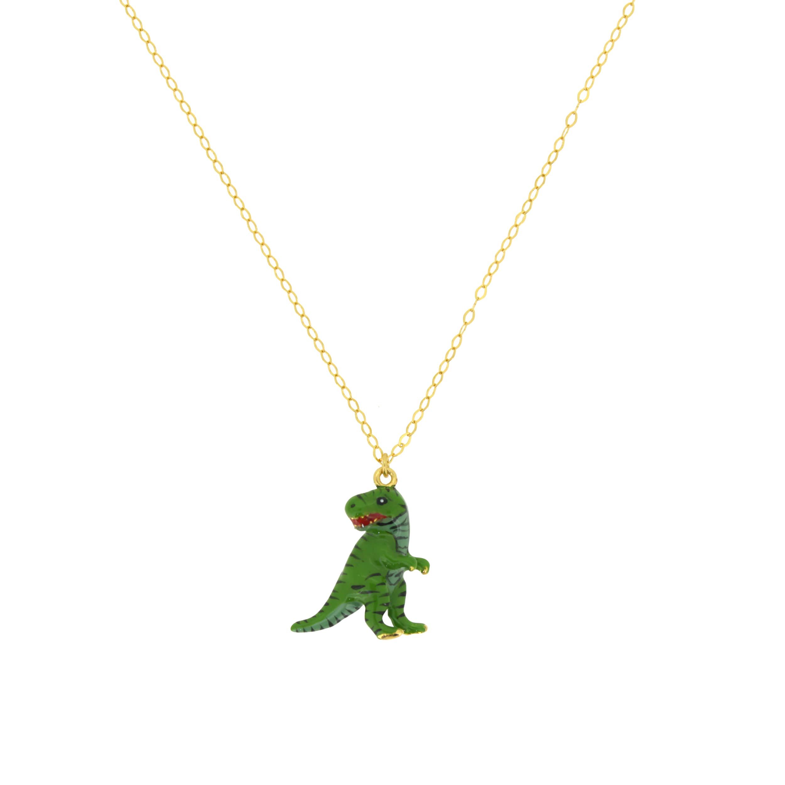 Adorable green dinosaur charm necklace with a gold chain.