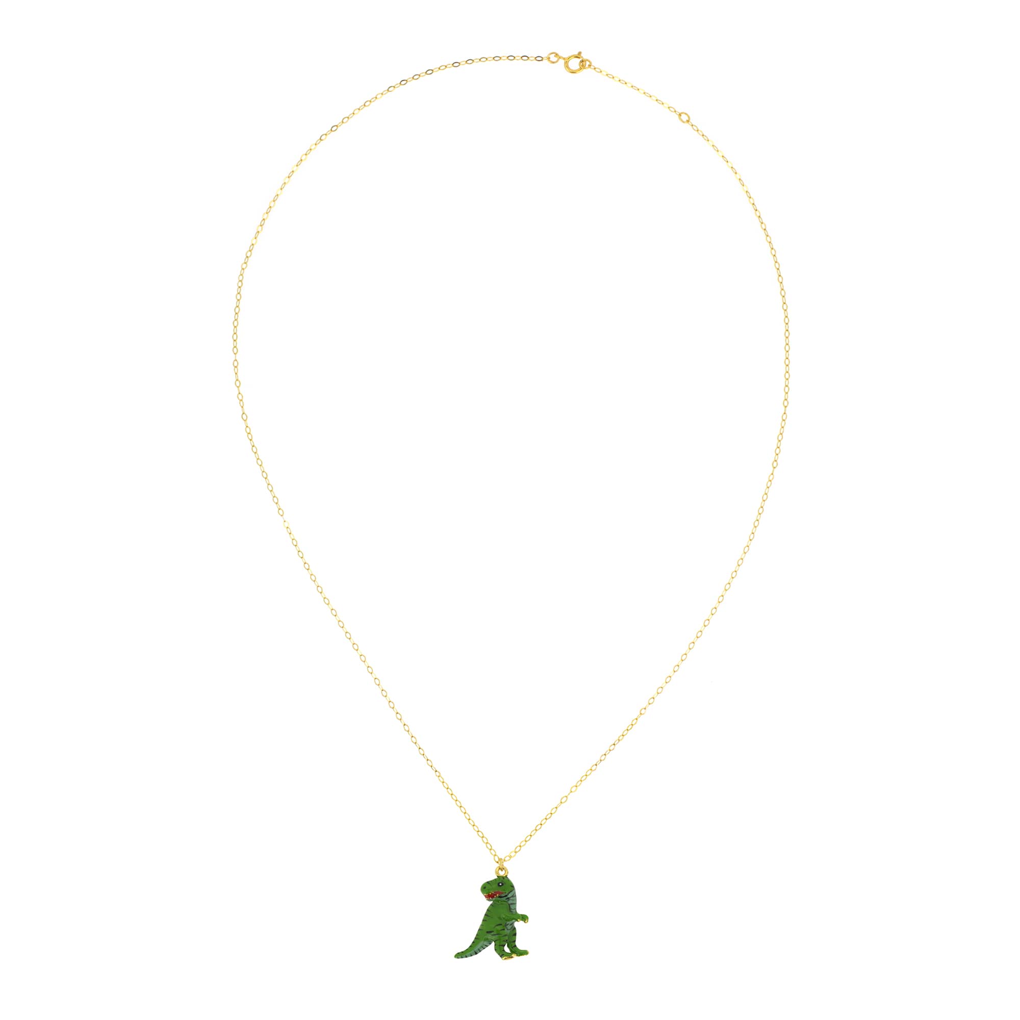 Adorable green T-rex charm necklace with a gold chain.