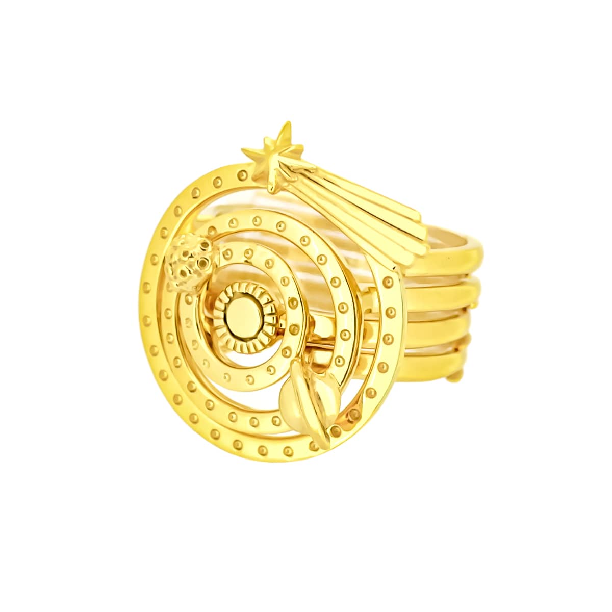 Beautiful gold ring set featuring a moon, shooting star, Sun, and Saturn, arranged in a spiral design.