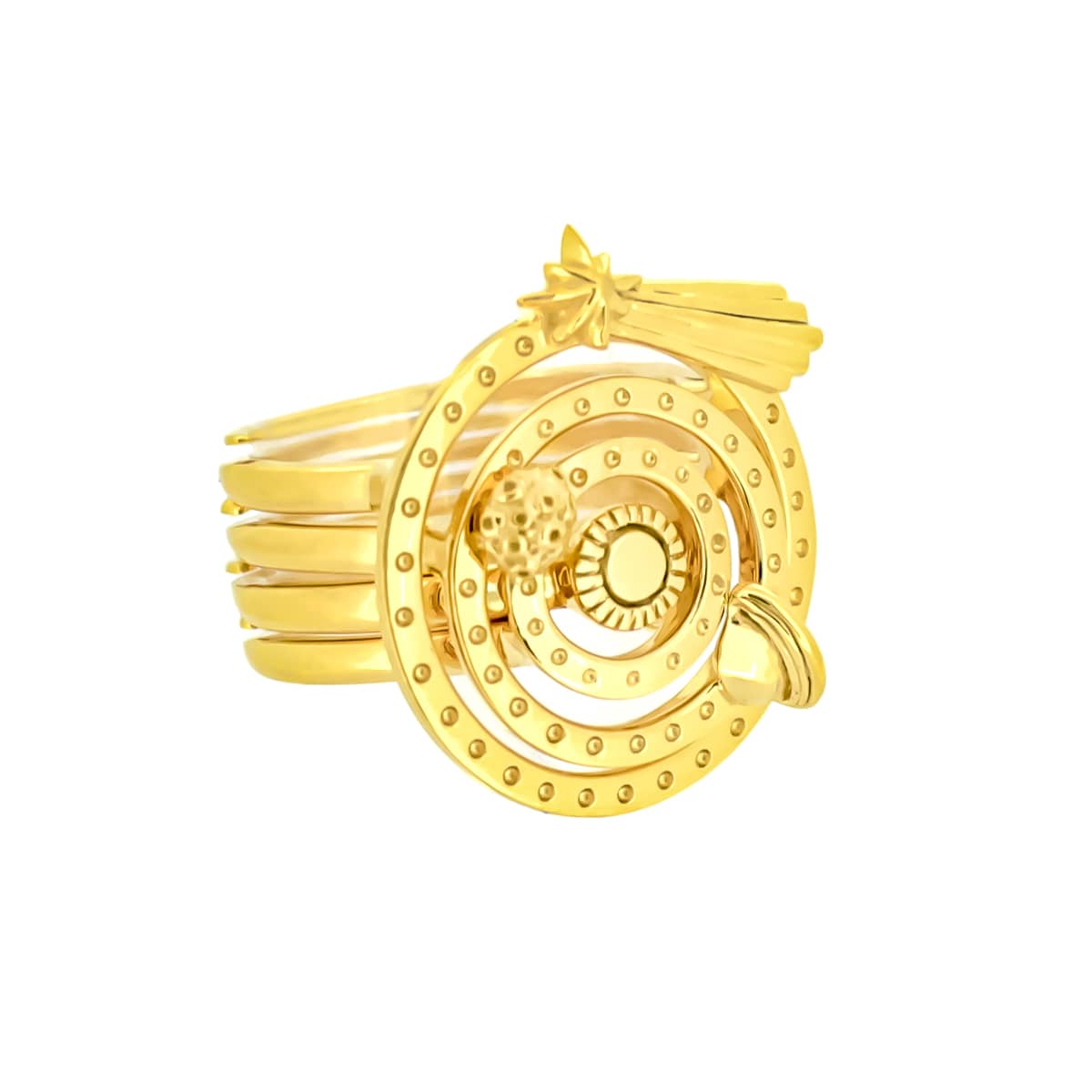 Stunning gold ring set featuring a moon, shooting star, Sun, and Saturn, arranged in a spiral design.