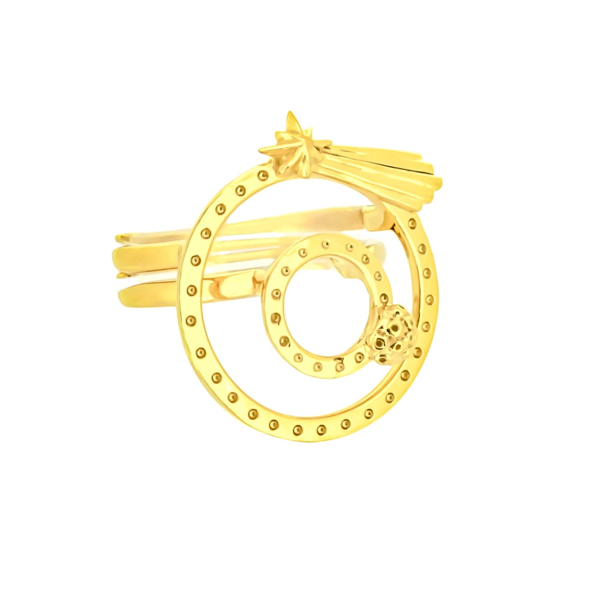 Unique gold ring set featuring a moon, 
 and shooting star, arranged in a spiral design.