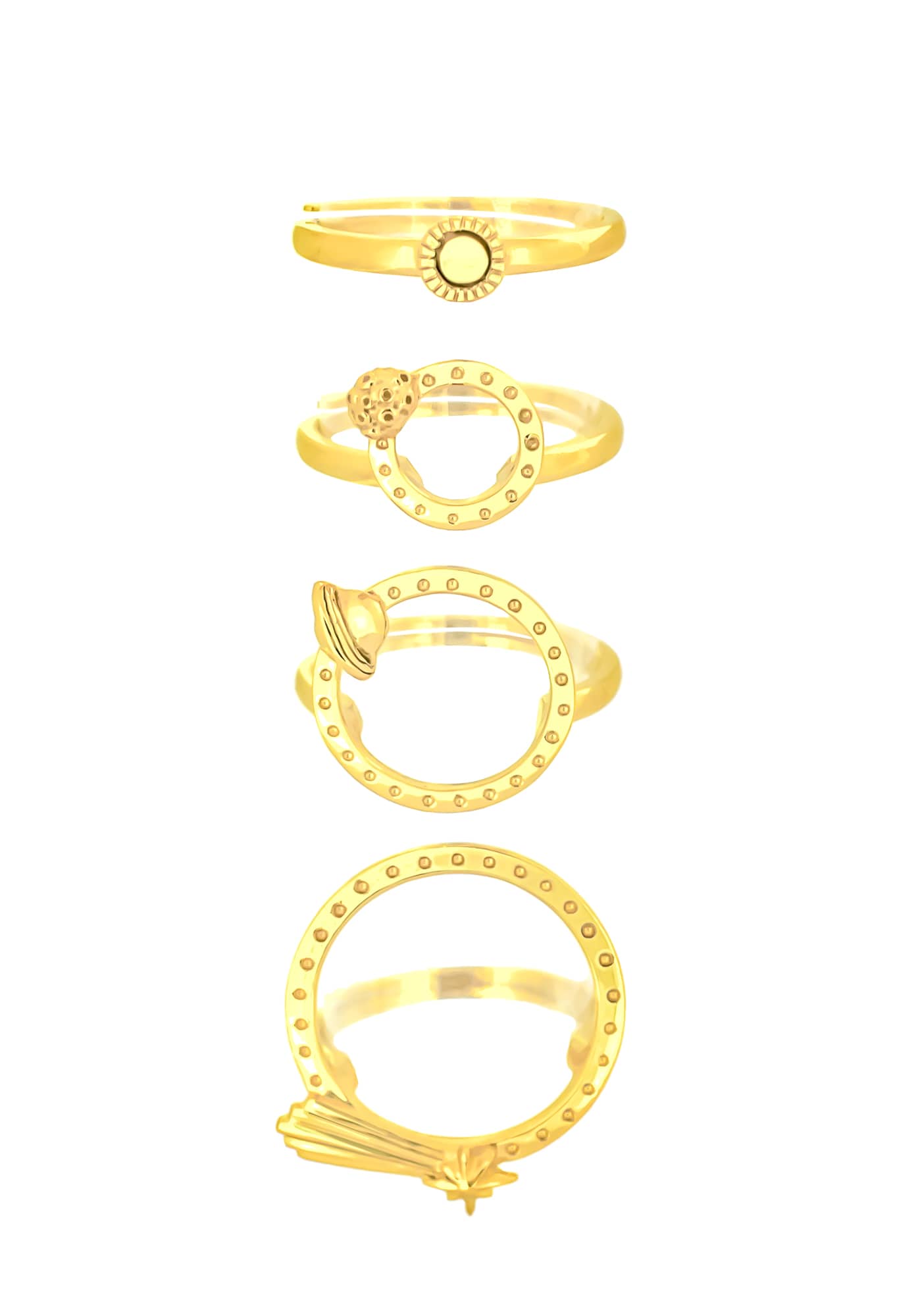 Beautifully design gold ring set featuring a moon, shooting star, Sun, and Saturn in circular designs and intricate details.