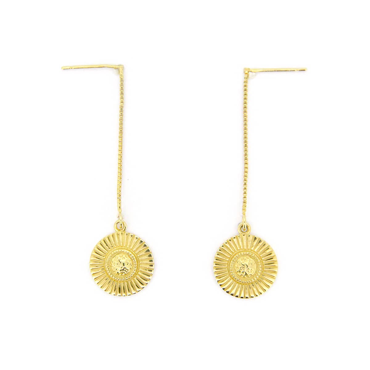 Gold drop earrings with circular, moonshine-like design.