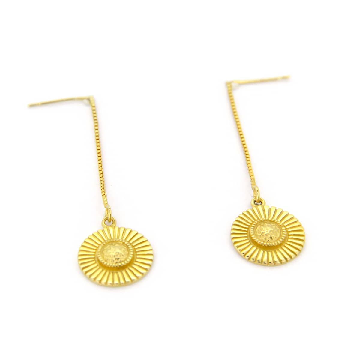 Elegant gold drop earrings with circular, moonshine-like design.