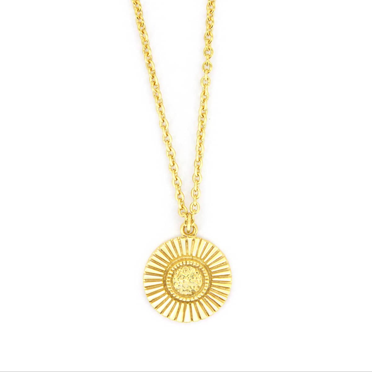 Beautiful gold necklace with a circular pendant with a moonshine design