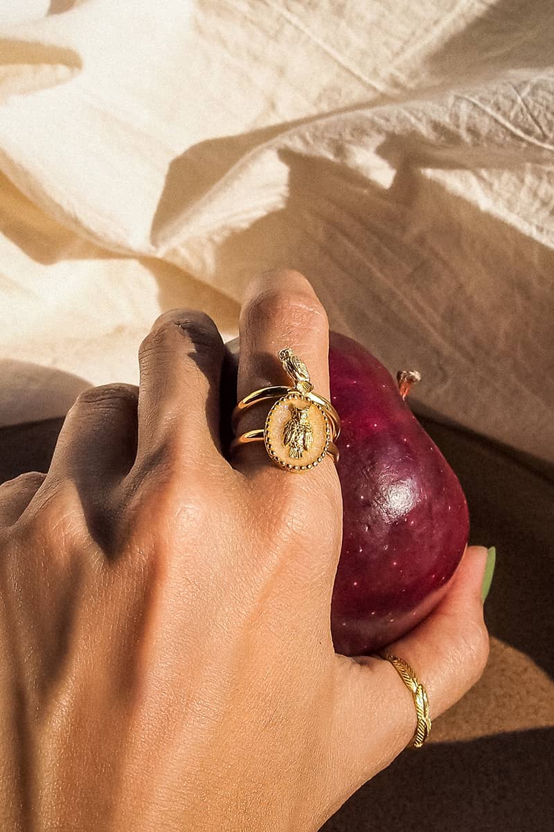 Close up of a hand showcasing three gold ring featuring owl and feather designs, while holding a red apple.