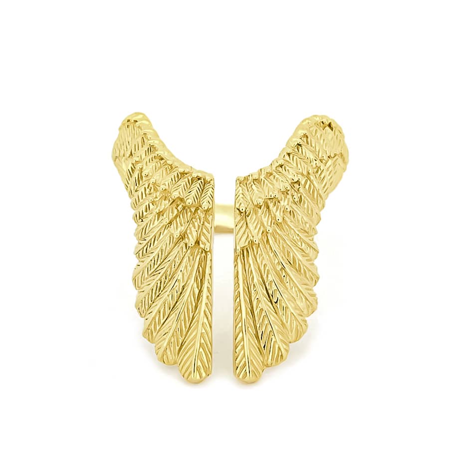 Beautifully crafted gold ring with detailed feather textures.

