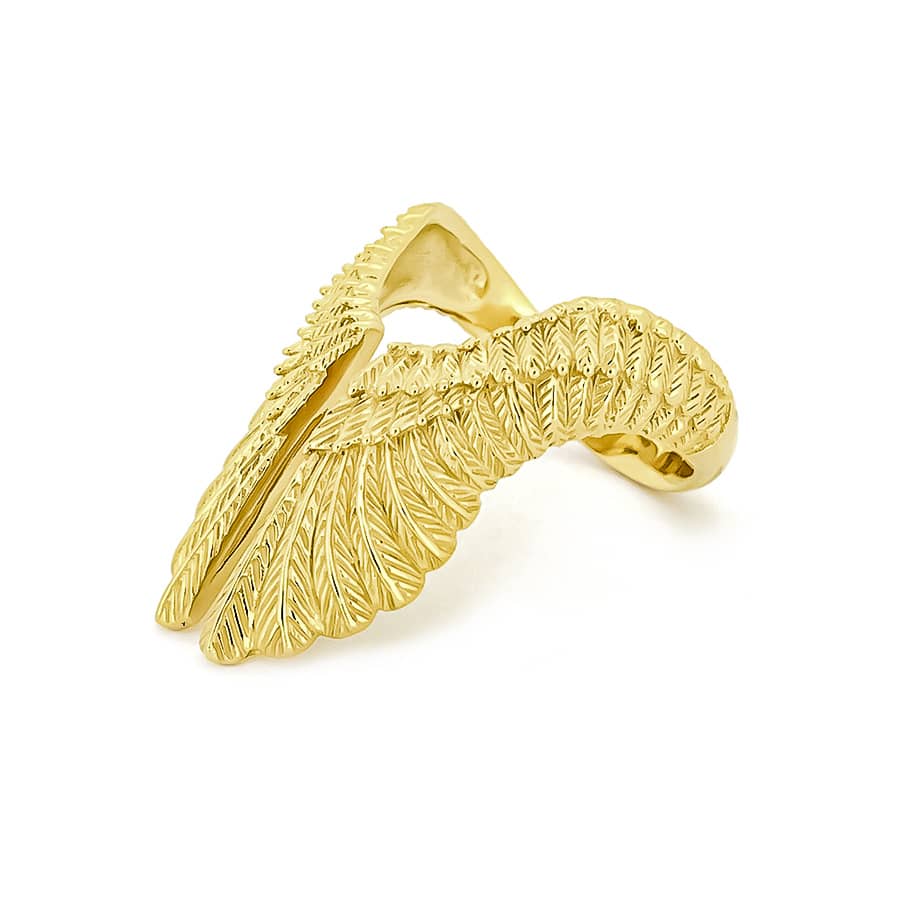 Beautifully crafted gold ring with detailed feather textures.