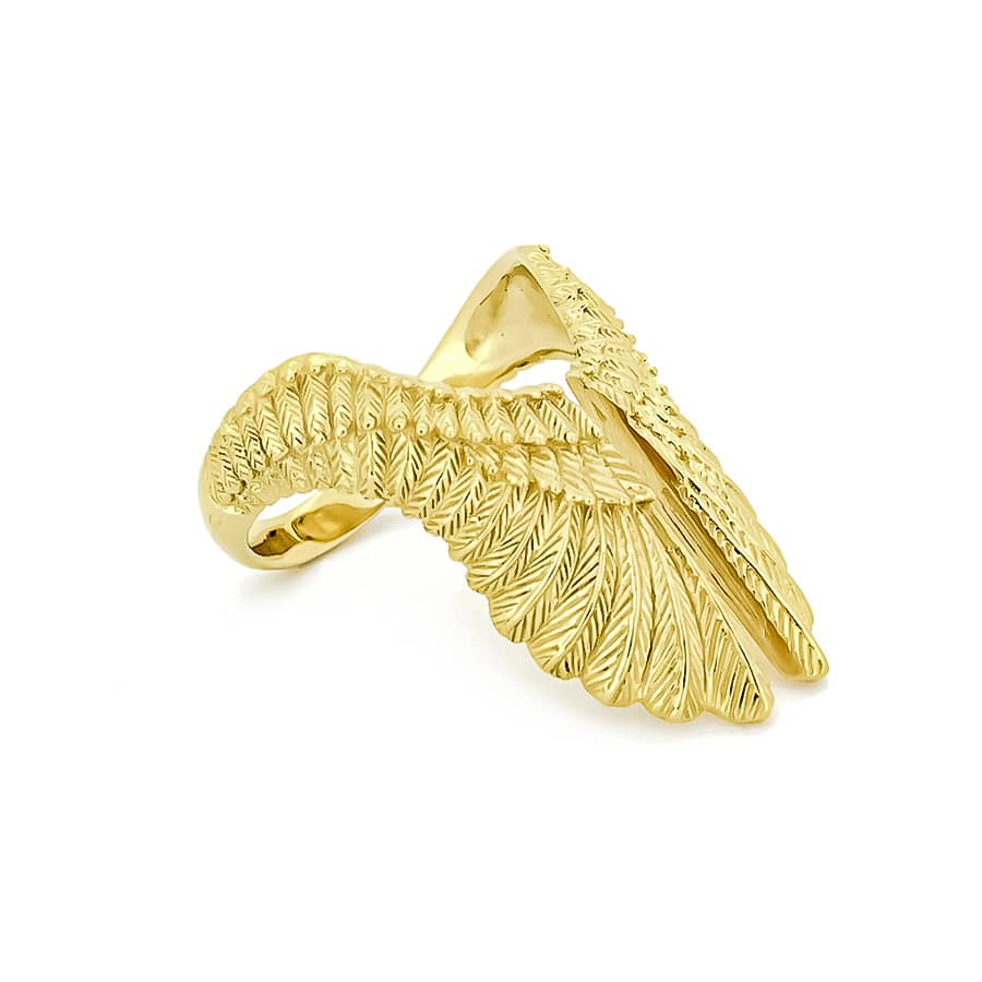 Gold ring featuring intricately wings design with detailed feather patterns