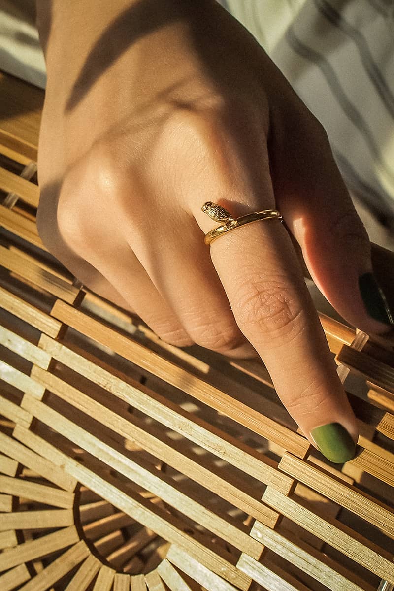 A hand wearing a gold owl ring, resting on a wooden surface with a patterned design.