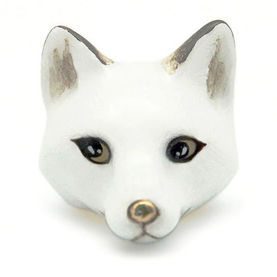 Adorable white fox head ring with detailed facial features and a gold nose.