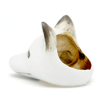 Handcrafted white fox head ring with detailed facial features and a gold nose.