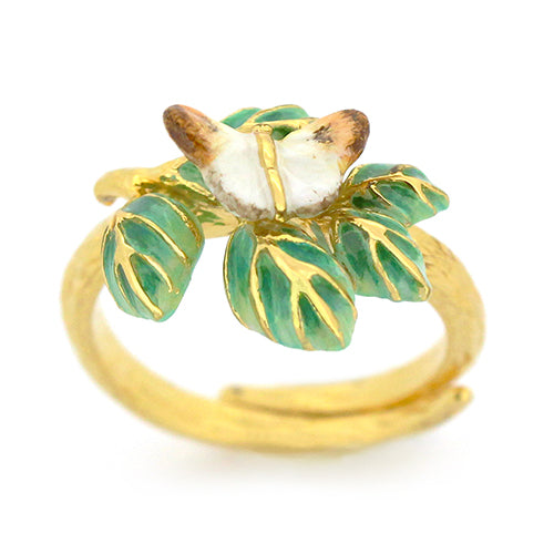 Nature-inspired stacking ring set featuring a fox, butterfly, and flower.