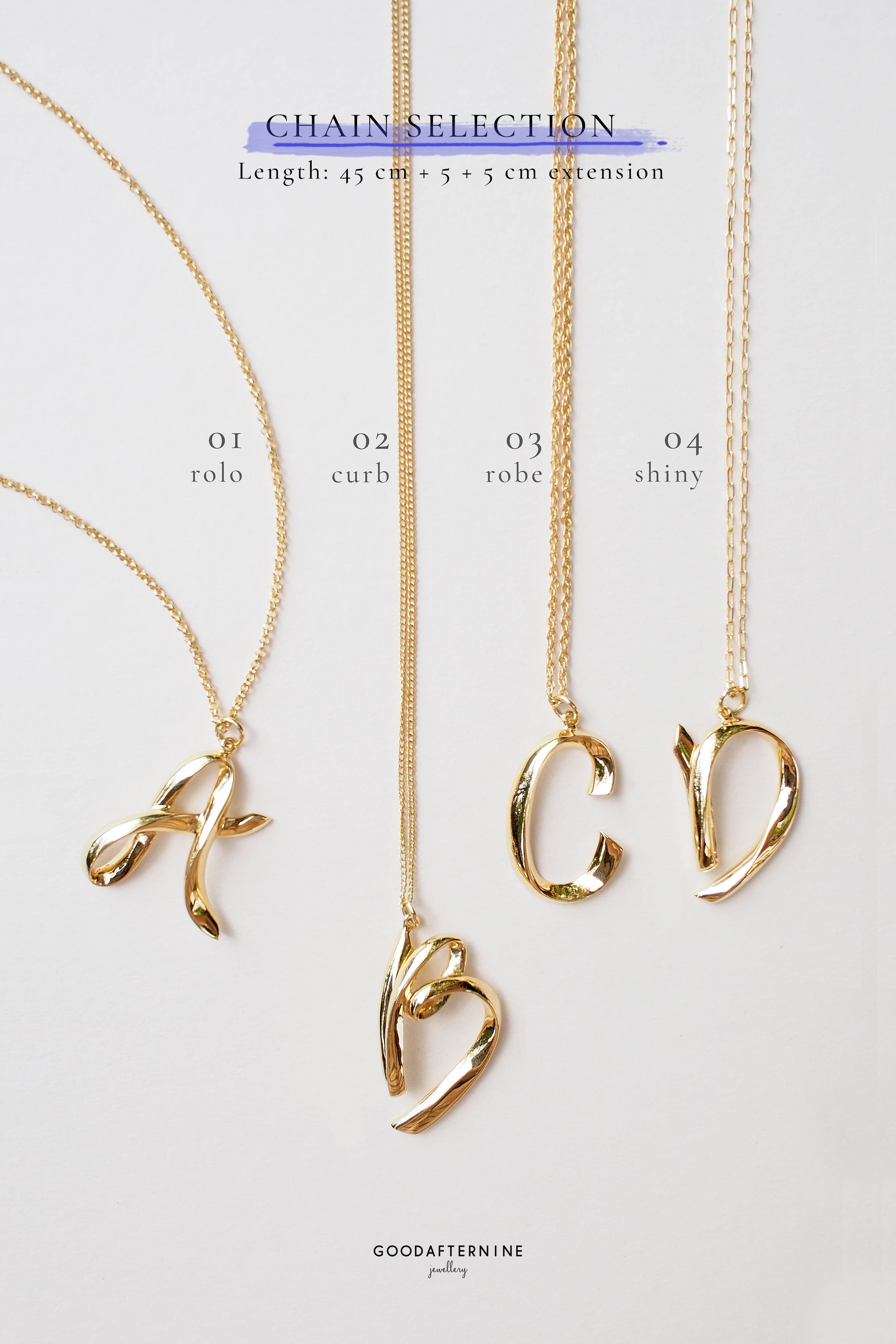 Personalized gold color necklaces with initials A, B, C, and D displayed on various chain styles.