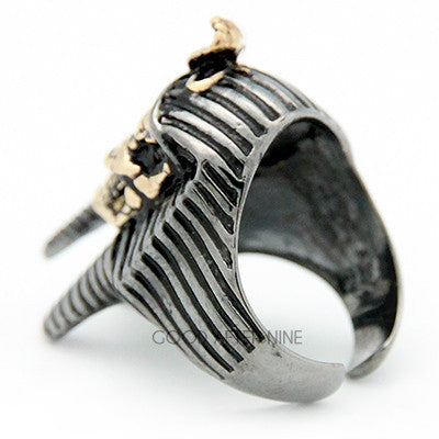 Artisan-crafted ring showcasing a skull and pharaoh theme