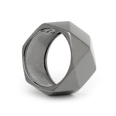 Stylish geometric ring with a unique hexagonal design.