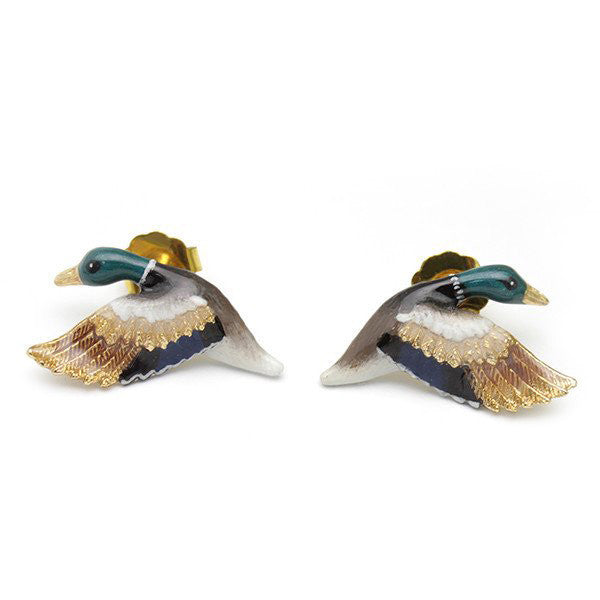 Beautiful mallard duck earrings, featuring colorful enamel detailing and gold accents.