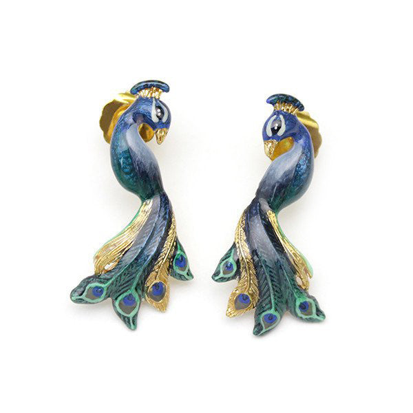 Colorful peacock earrings with intricate feather details and gold accents.