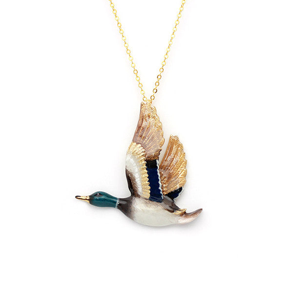 Beautifully crafted mallard duck pendant necklace with delicate detail.