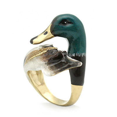 A whimsical ring featuring a duck's head and wing, beautifully crafted with colorful enamel.