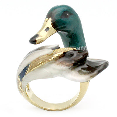 A whimsical ring featuring a duck's head and wing, beautifully crafted with colorful enamel.