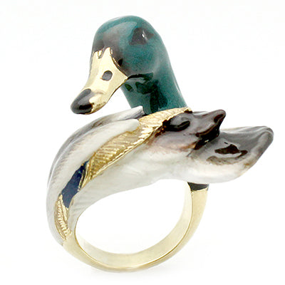 A whimsical ring featuring a duck's head and wing, beautifully crafted with colorful enamel.