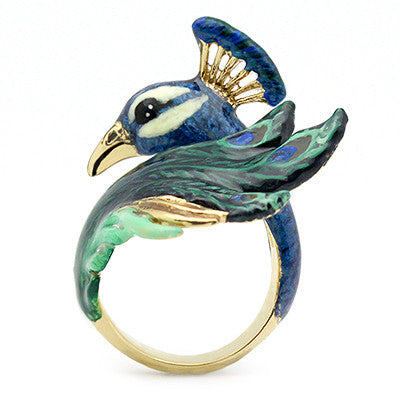 Beautifully crafted peacock ring with intricate details in blue and green and gold accent.