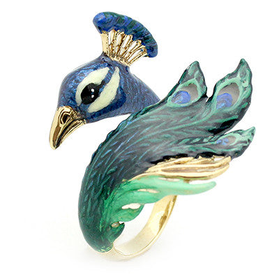 Beautifully crafted peacock ring with intricate details in blue and green and gold accent.