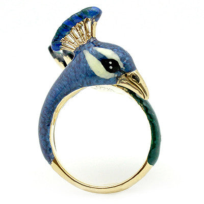 Handcrafted peacock ring with intricate details in blue and green, perfect for animal lovers.